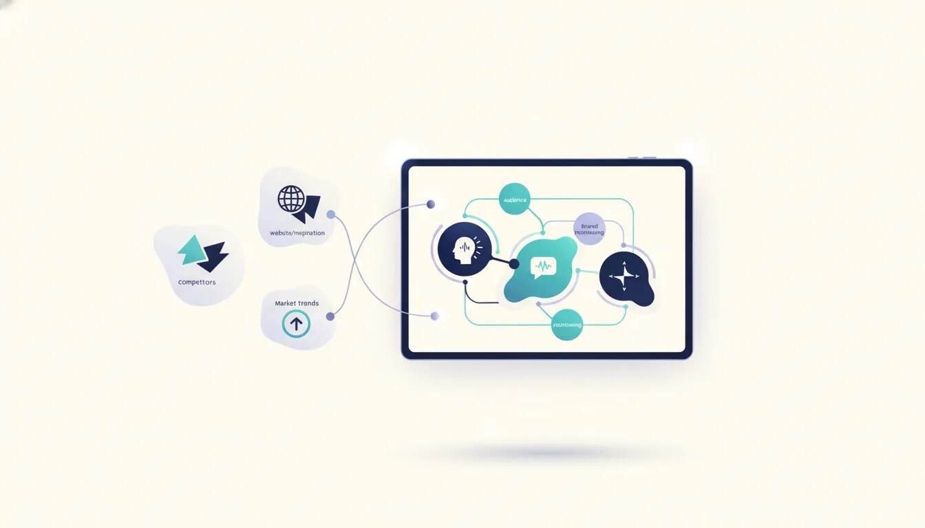 Illustration of an AI branding strategy workflow with connected nodes and panels representing inputs that feed into a brand positioning mind-map, with no text.