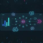 Abstract illustration of an AI visibility dashboard showing brand citation nodes, glowing recommendation paths, and comparison charts, with no text.