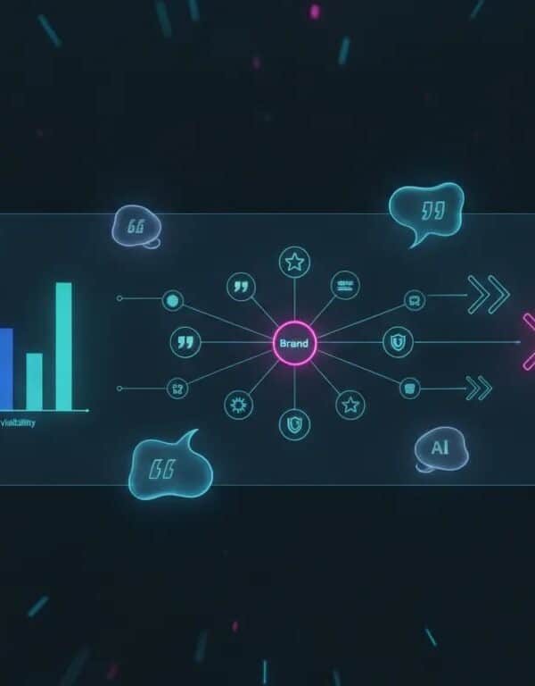 Abstract illustration of an AI visibility dashboard showing brand citation nodes, glowing recommendation paths, and comparison charts, with no text.