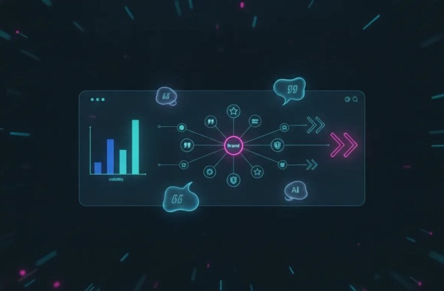 Abstract illustration of an AI visibility dashboard showing brand citation nodes, glowing recommendation paths, and comparison charts, with no text.