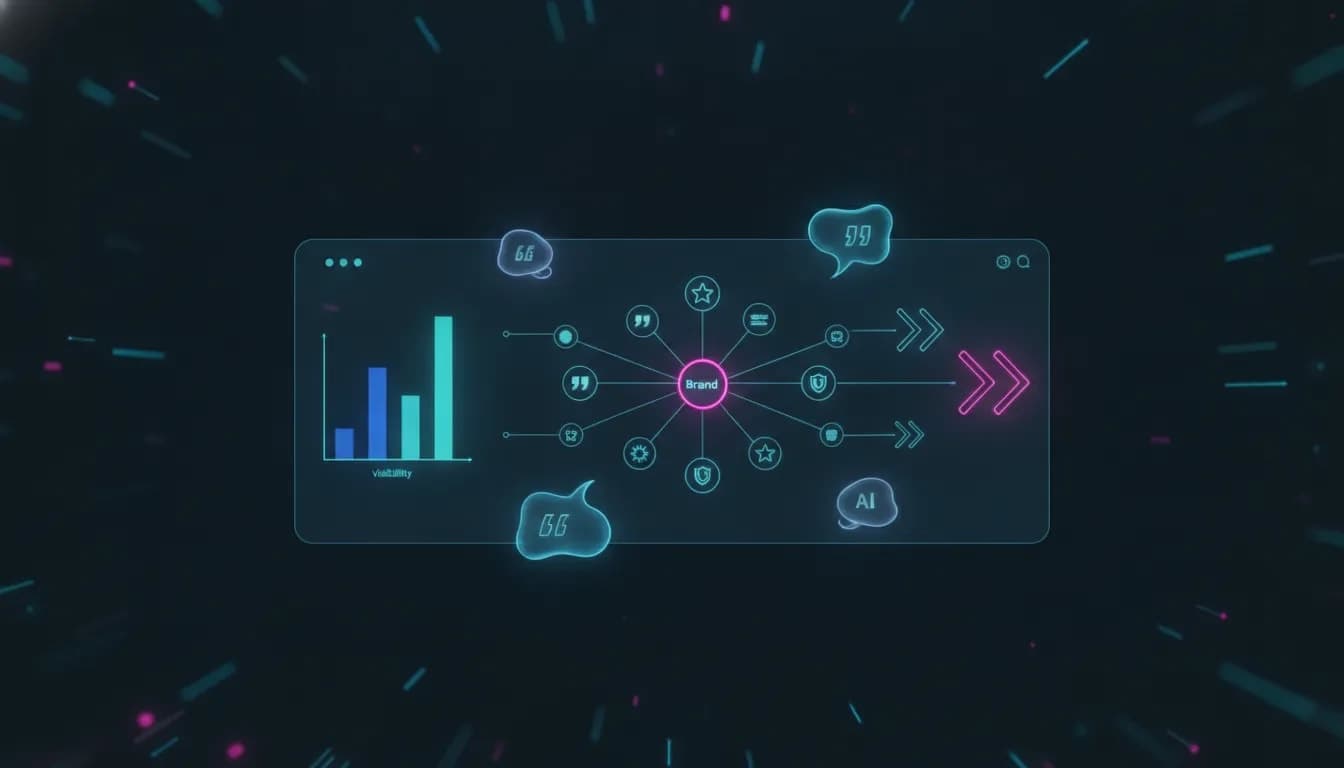Abstract illustration of an AI visibility dashboard showing brand citation nodes, glowing recommendation paths, and comparison charts, with no text.