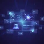 Abstract illustration of an all-in-one AI creative platform combining image editing, design generation, mockups, animation, and video editing in a single glowing interface panel with no text.