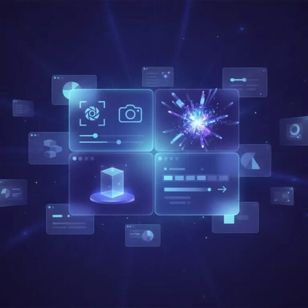 Abstract illustration of an all-in-one AI creative platform combining image editing, design generation, mockups, animation, and video editing in a single glowing interface panel with no text.