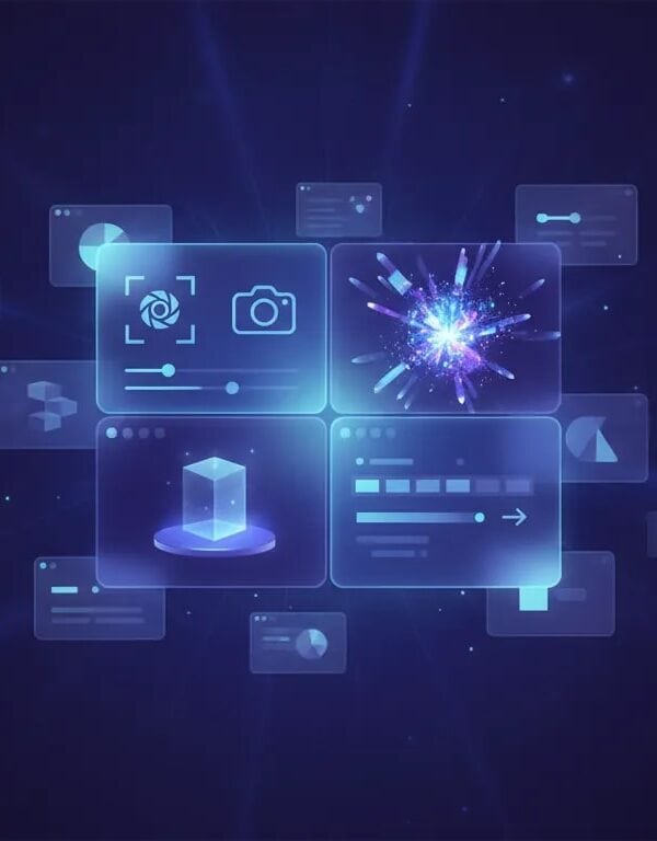 Abstract illustration of an all-in-one AI creative platform combining image editing, design generation, mockups, animation, and video editing in a single glowing interface panel with no text.