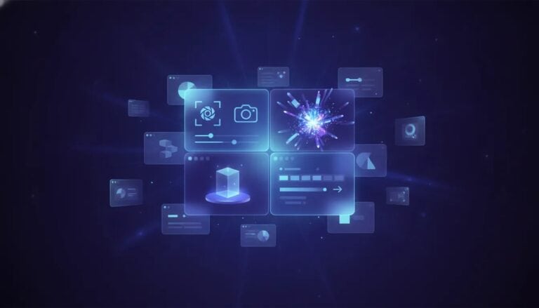 Abstract illustration of an all-in-one AI creative platform combining image editing, design generation, mockups, animation, and video editing in a single glowing interface panel with no text.