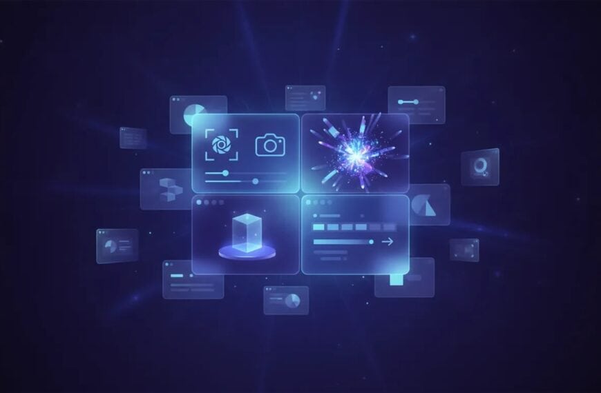 Abstract illustration of an all-in-one AI creative platform combining image editing, design generation, mockups, animation, and video editing in a single glowing interface panel with no text.
