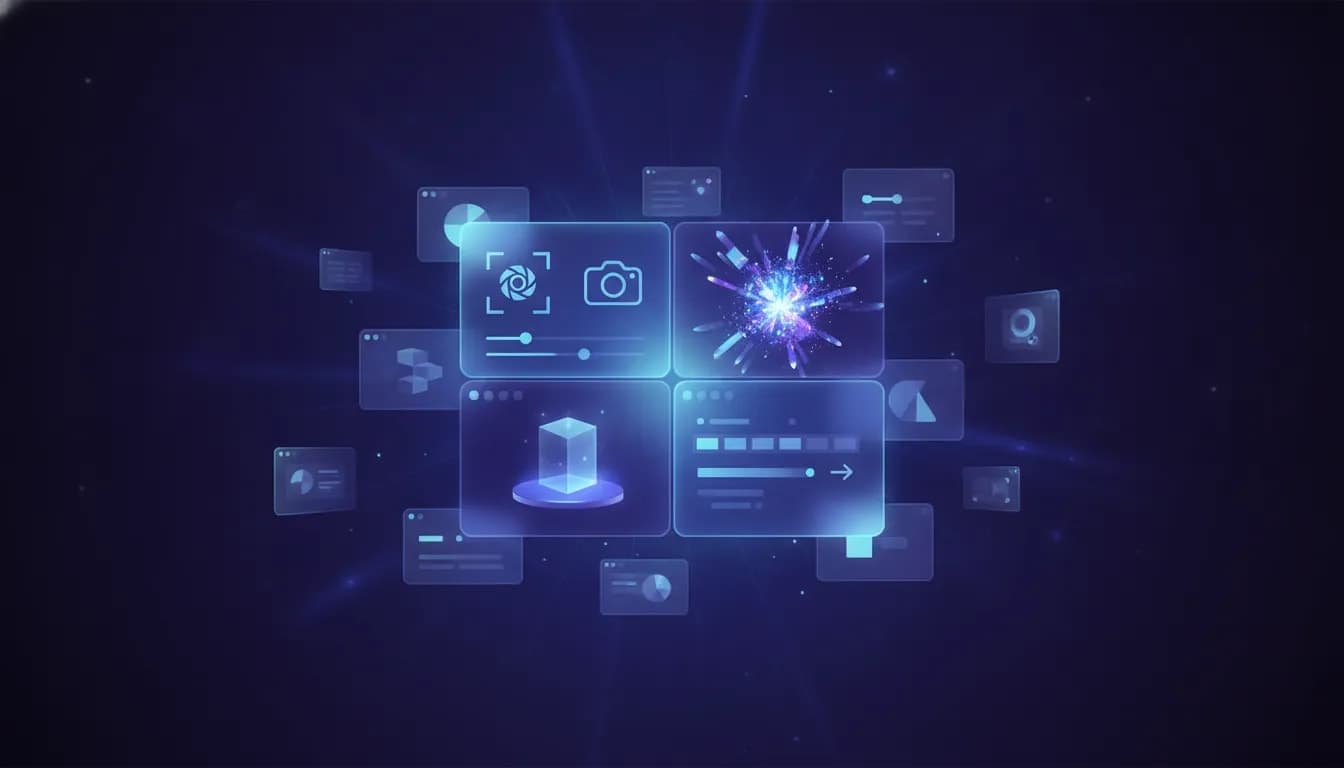 Abstract illustration of an all-in-one AI creative platform combining image editing, design generation, mockups, animation, and video editing in a single glowing interface panel with no text.