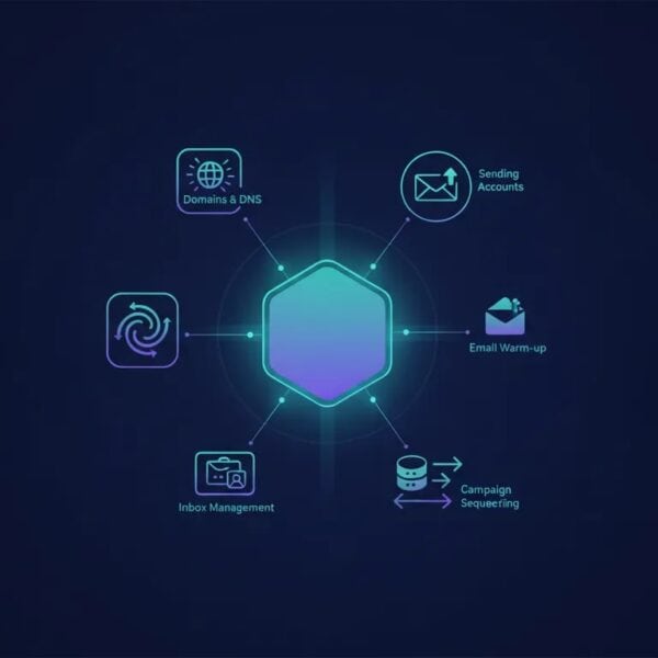 Illustration of an all-in-one cold email platform showing connected components like domains, warm-up, campaigns, inbox management, and a lightweight CRM hub.