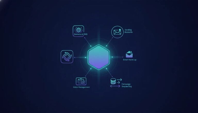 Illustration of an all-in-one cold email platform showing connected components like domains, warm-up, campaigns, inbox management, and a lightweight CRM hub.