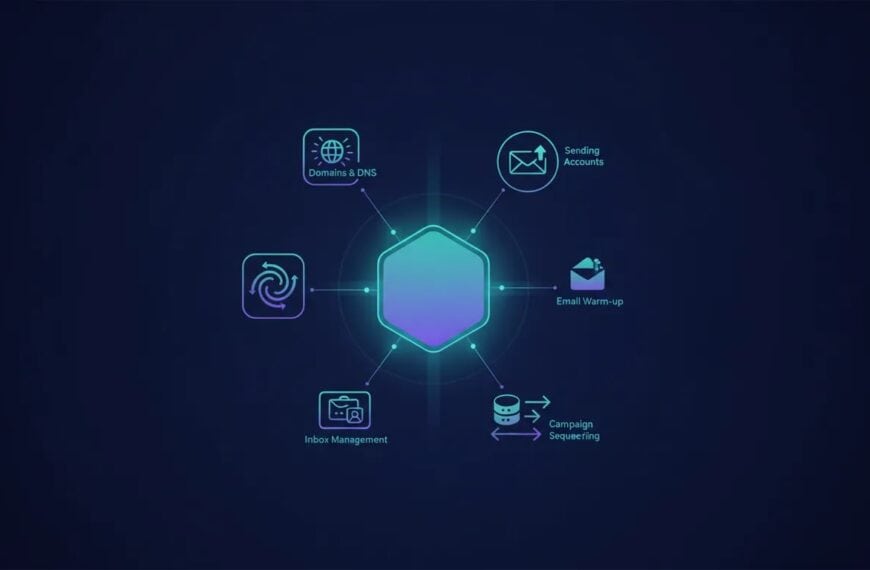 Illustration of an all-in-one cold email platform showing connected components like domains, warm-up, campaigns, inbox management, and a lightweight CRM hub.