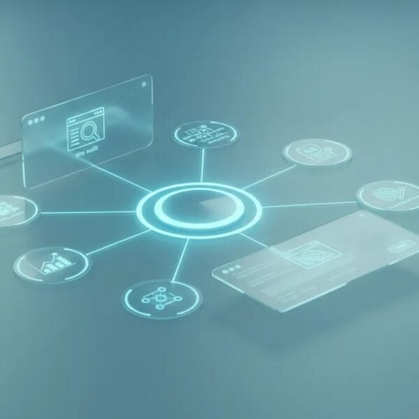 High-tech all-in-one SEO dashboard illustration showing interconnected site audit, rank tracking, analytics, topical planning, AI visibility, and AI article writing modules with no text.