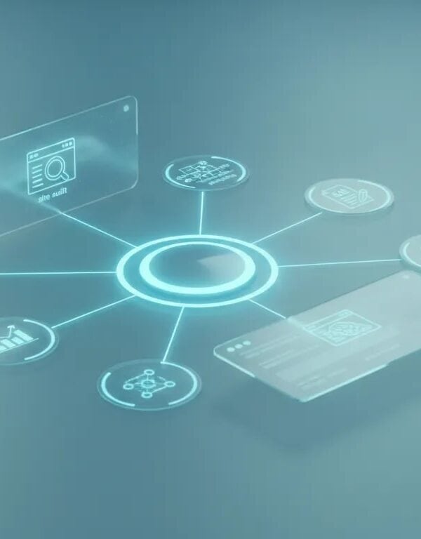 High-tech all-in-one SEO dashboard illustration showing interconnected site audit, rank tracking, analytics, topical planning, AI visibility, and AI article writing modules with no text.