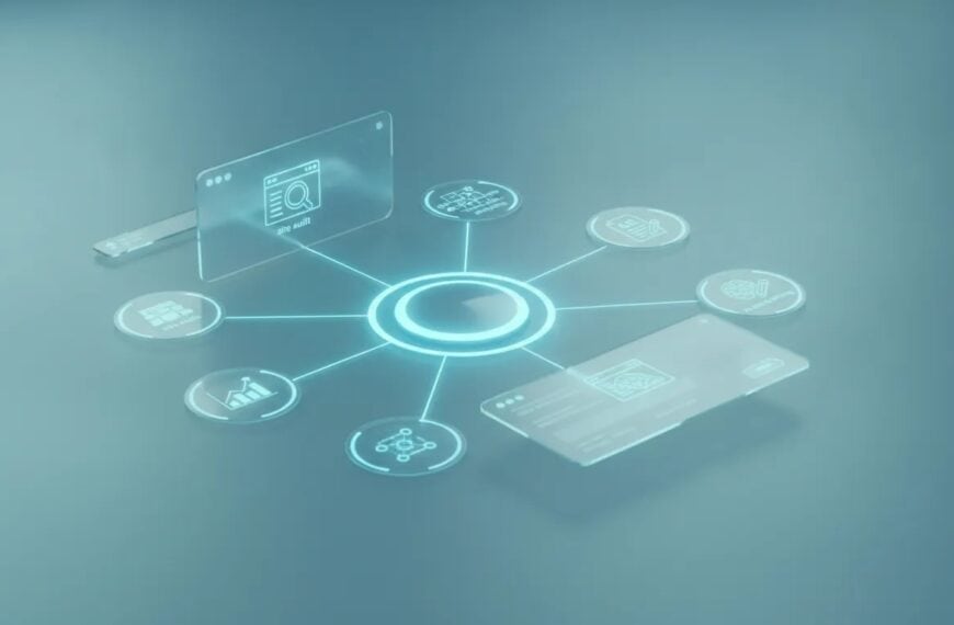 High-tech all-in-one SEO dashboard illustration showing interconnected site audit, rank tracking, analytics, topical planning, AI visibility, and AI article writing modules with no text.
