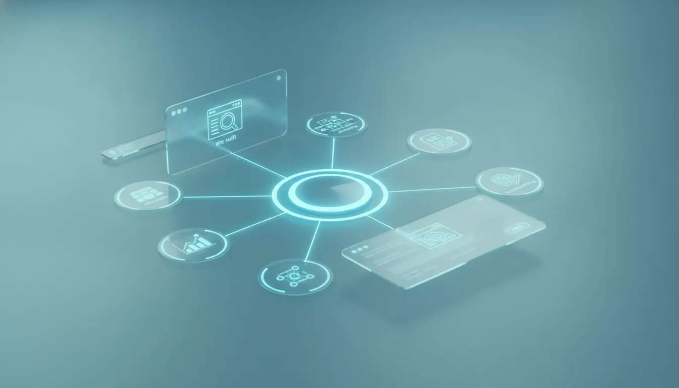 High-tech all-in-one SEO dashboard illustration showing interconnected site audit, rank tracking, analytics, topical planning, AI visibility, and AI article writing modules with no text.