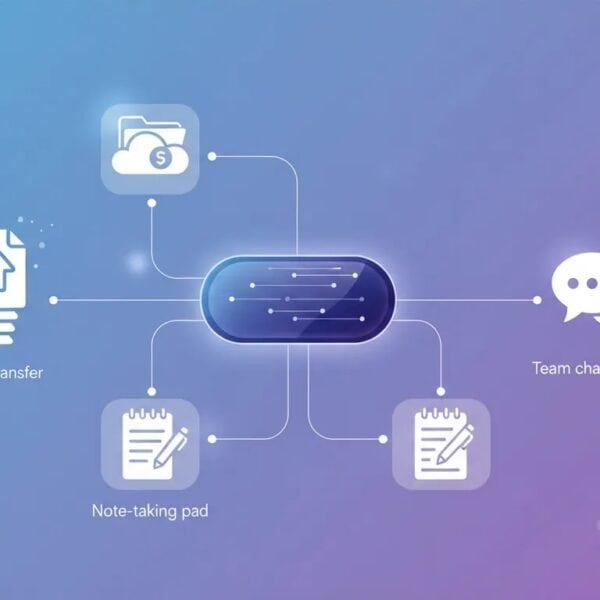 Modern illustration of an all-in-one file sharing and team collaboration hub with four connected functions: large file transfer, cloud storage, notes, and messaging.