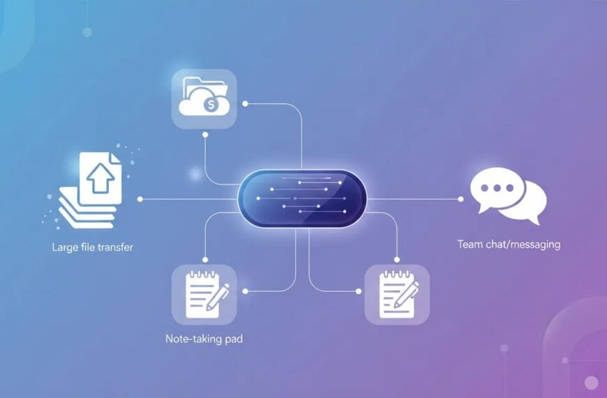 Modern illustration of an all-in-one file sharing and team collaboration hub with four connected functions: large file transfer, cloud storage, notes, and messaging.