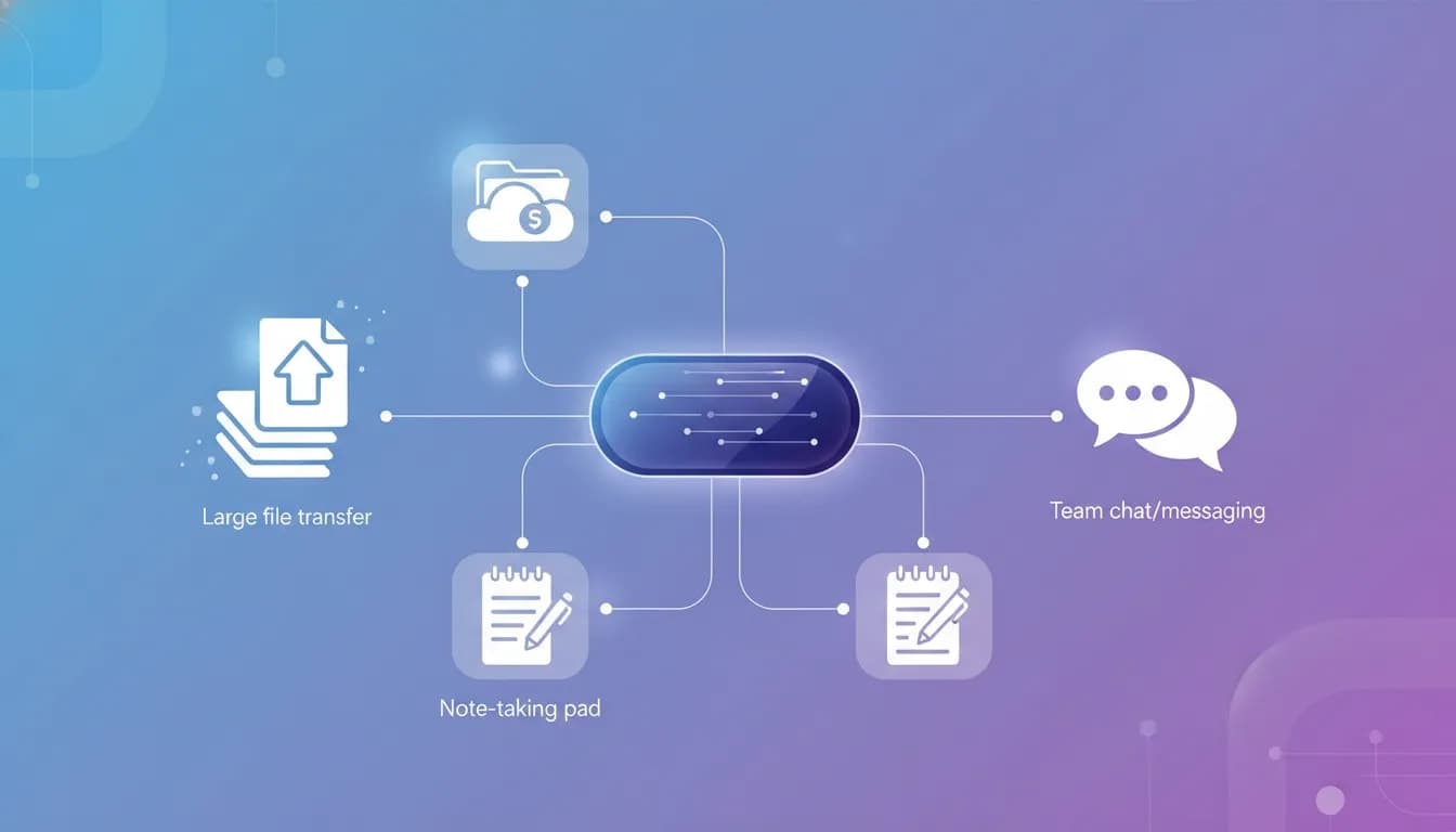 Modern illustration of an all-in-one file sharing and team collaboration hub with four connected functions: large file transfer, cloud storage, notes, and messaging.