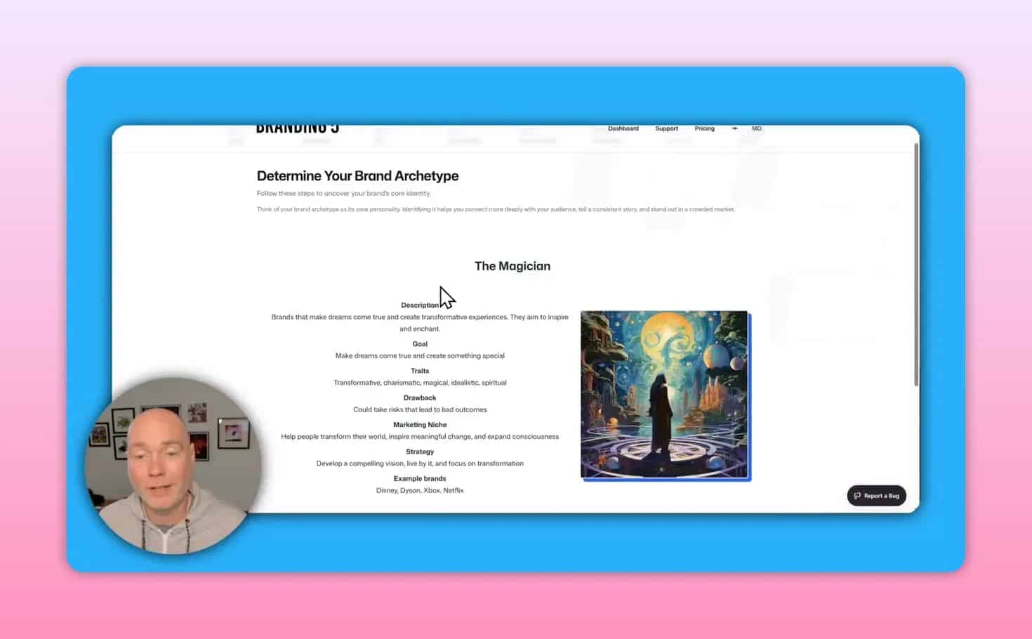 Brand archetype results page showing The Magician with trait descriptions and an illustration