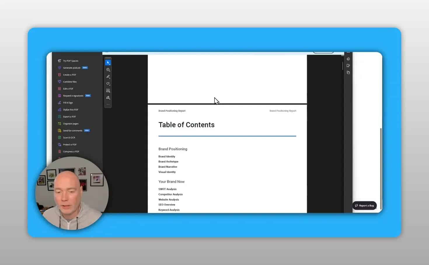 PDF report view showing a table of contents for a brand positioning report