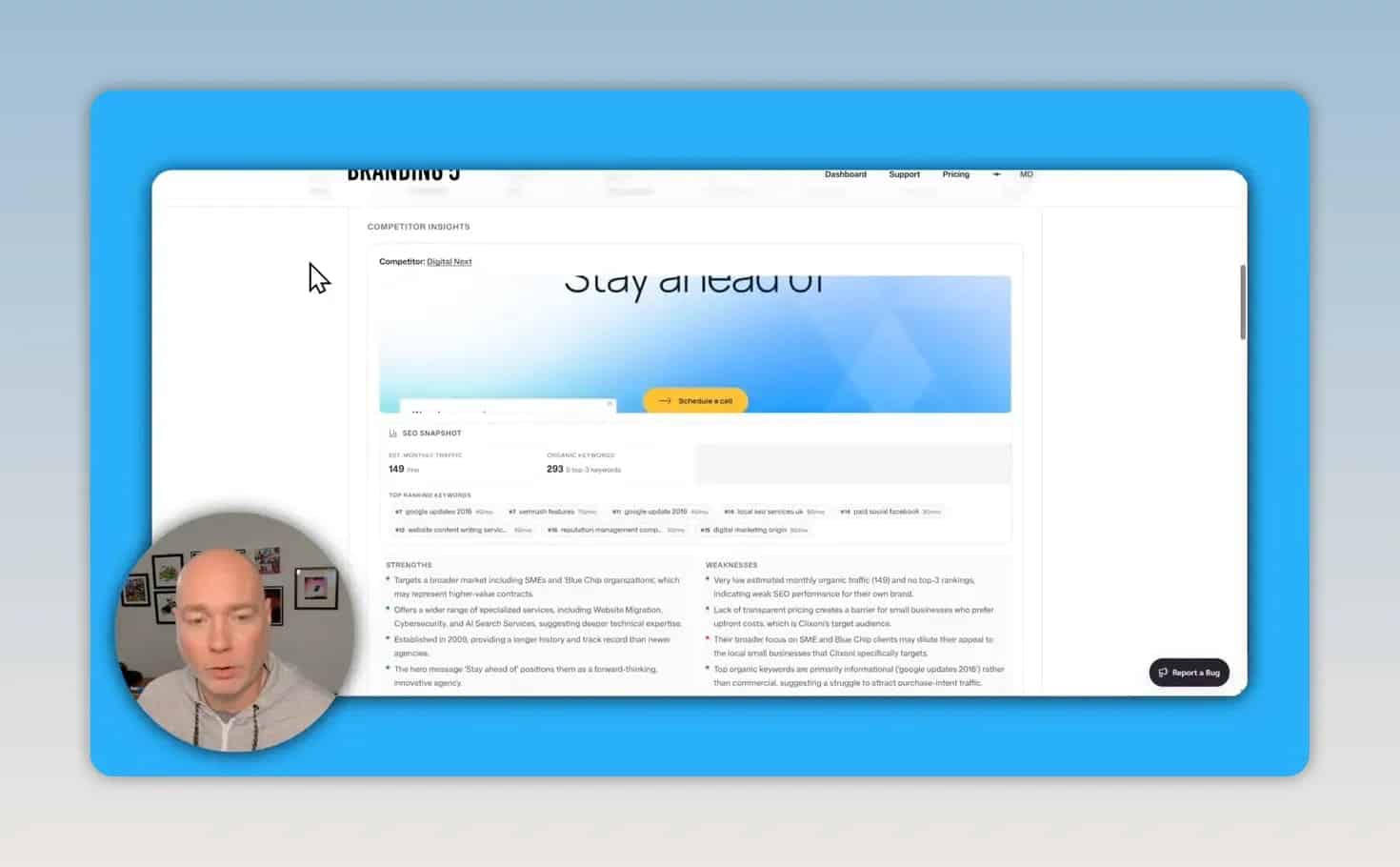 Competitor analysis page showing a captured website screenshot with strengths and weaknesses columns
