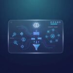 Abstract credit-based AI SEO and lead generation dashboard illustration with graphs, link networks, competitor map, and prospect flow icons—no text.