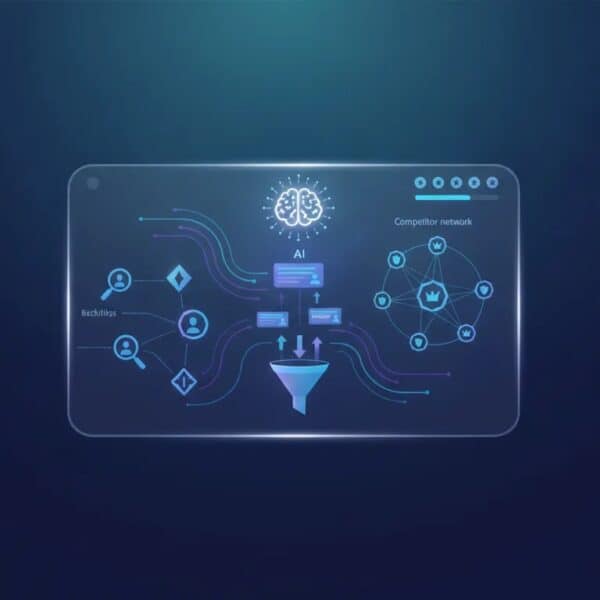 Abstract credit-based AI SEO and lead generation dashboard illustration with graphs, link networks, competitor map, and prospect flow icons—no text.