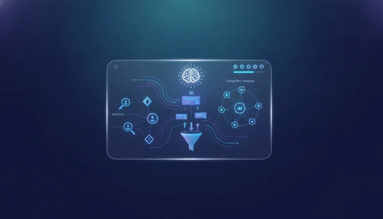 Abstract credit-based AI SEO and lead generation dashboard illustration with graphs, link networks, competitor map, and prospect flow icons—no text.