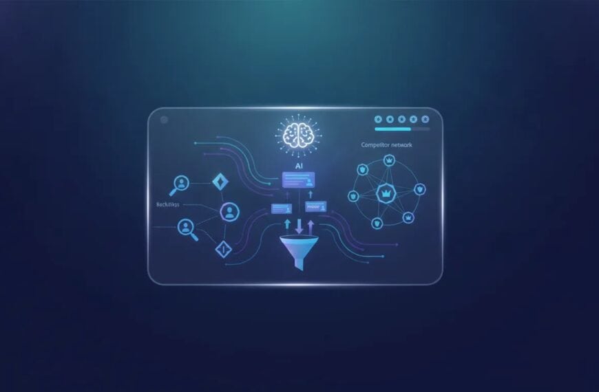 Abstract credit-based AI SEO and lead generation dashboard illustration with graphs, link networks, competitor map, and prospect flow icons—no text.