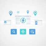 Abstract illustration of a fast WordPress directory setup with a dashboard, lightning symbol for speed, and location pins for listings