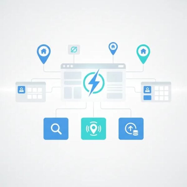 Abstract illustration of a fast WordPress directory setup with a dashboard, lightning symbol for speed, and location pins for listings