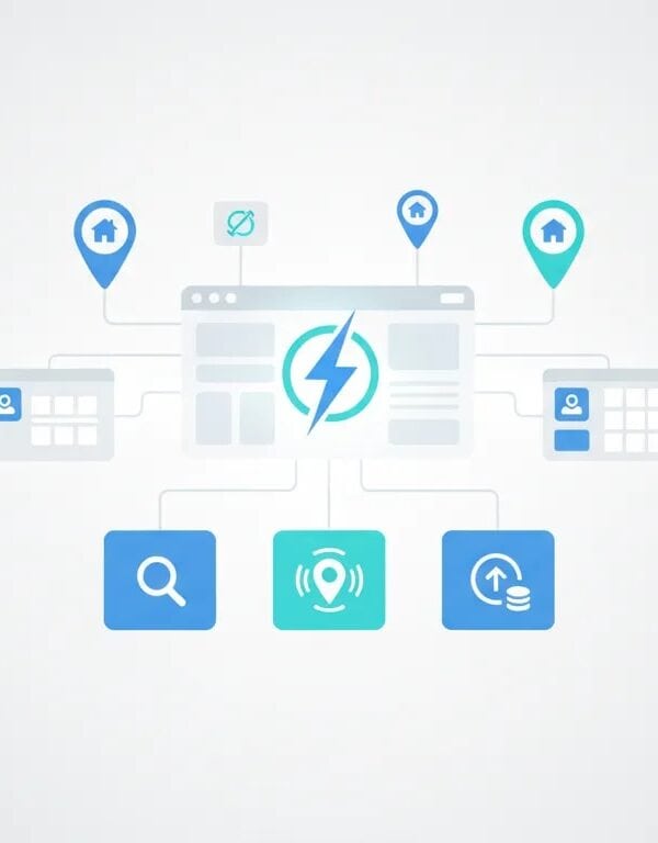 Abstract illustration of a fast WordPress directory setup with a dashboard, lightning symbol for speed, and location pins for listings
