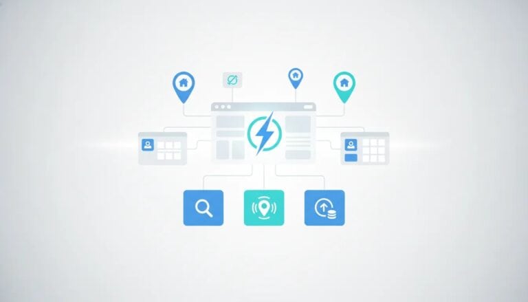 Abstract illustration of a fast WordPress directory setup with a dashboard, lightning symbol for speed, and location pins for listings
