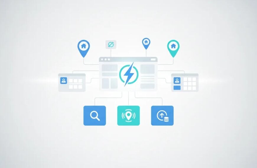 Abstract illustration of a fast WordPress directory setup with a dashboard, lightning symbol for speed, and location pins for listings