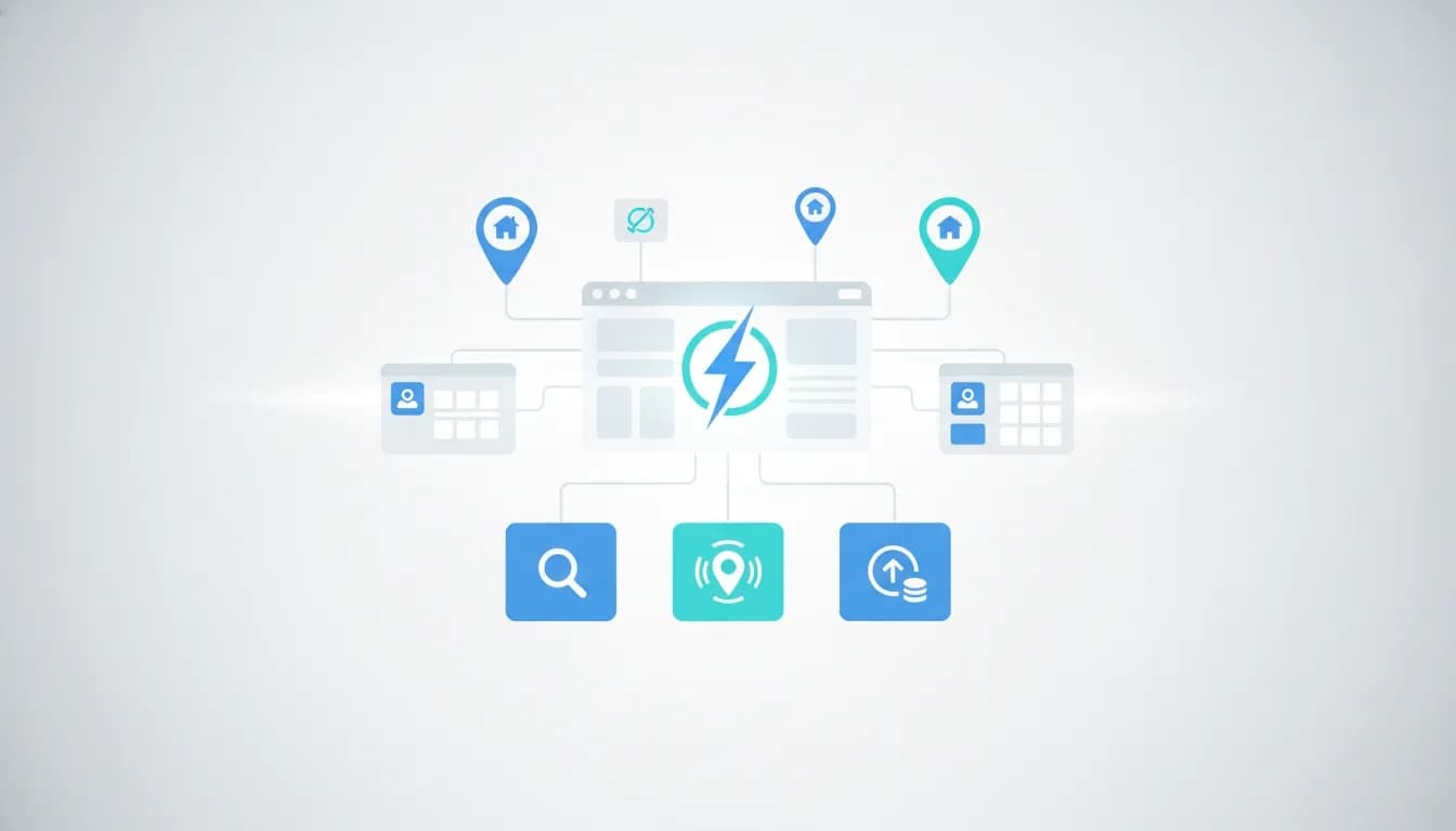 Abstract illustration of a fast WordPress directory setup with a dashboard, lightning symbol for speed, and location pins for listings