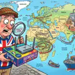 A man wearing a Union Jack jacket examines a router labelled "EU-Mesh" with a magnifying glass showing "Made in China," in front of a global shipping map illustrating trade routes from China.