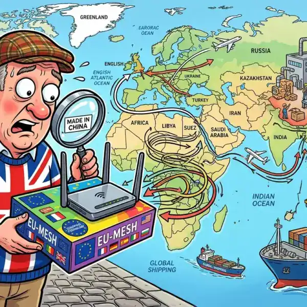 A man wearing a Union Jack jacket examines a router labelled "EU-Mesh" with a magnifying glass showing "Made in China," in front of a global shipping map illustrating trade routes from China.