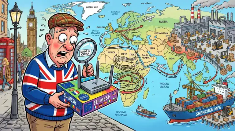 A man wearing a Union Jack jacket examines a router labelled "EU-Mesh" with a magnifying glass showing "Made in China," in front of a global shipping map illustrating trade routes from China.