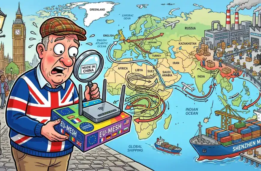 A man wearing a Union Jack jacket examines a router labelled "EU-Mesh" with a magnifying glass showing "Made in China," in front of a global shipping map illustrating trade routes from China.