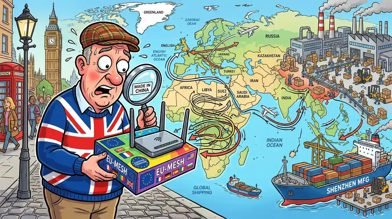A man wearing a Union Jack jacket examines a router labelled "EU-Mesh" with a magnifying glass showing "Made in China," in front of a global shipping map illustrating trade routes from China.