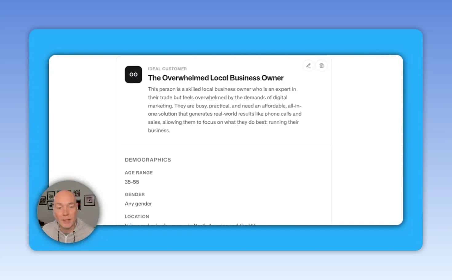 Ideal customer profile page showing a saved persona with descriptive text and audience details