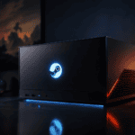 A compact gaming PC with a glowing Steam logo sits on a desk, illuminated by blue and orange lights, with a game controller visible in the background.