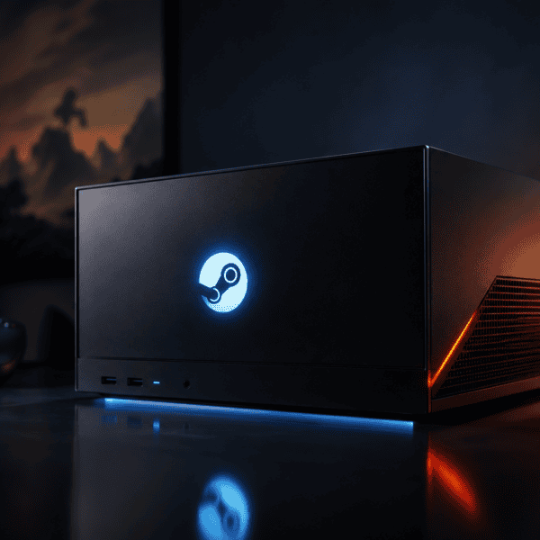 A compact gaming PC with a glowing Steam logo sits on a desk, illuminated by blue and orange lights, with a game controller visible in the background.