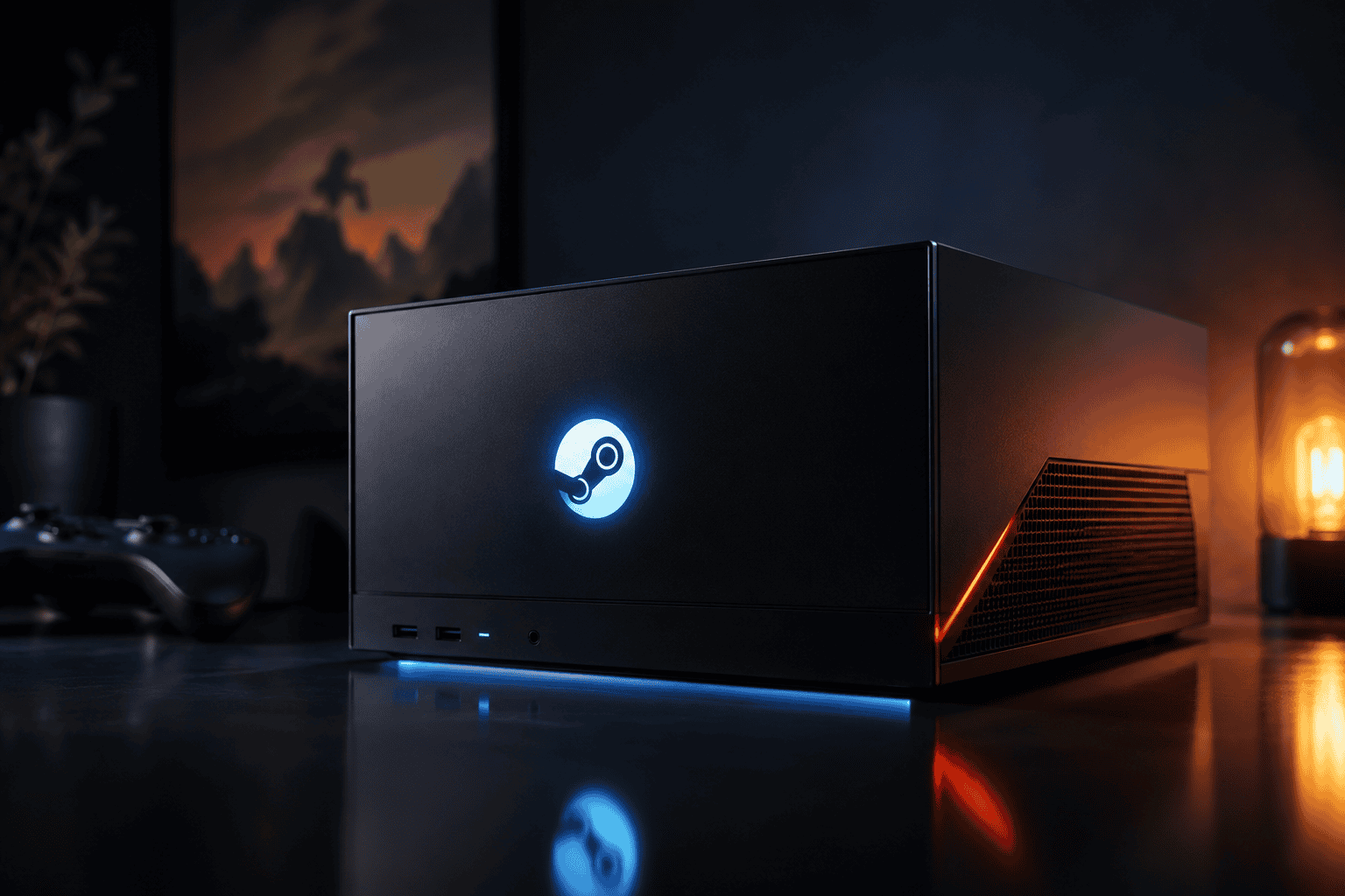 A compact gaming PC with a glowing Steam logo sits on a desk, illuminated by blue and orange lights, with a game controller visible in the background.