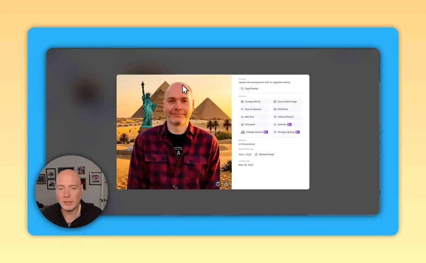 Portrait with an Egyptian themed background and editing options panel