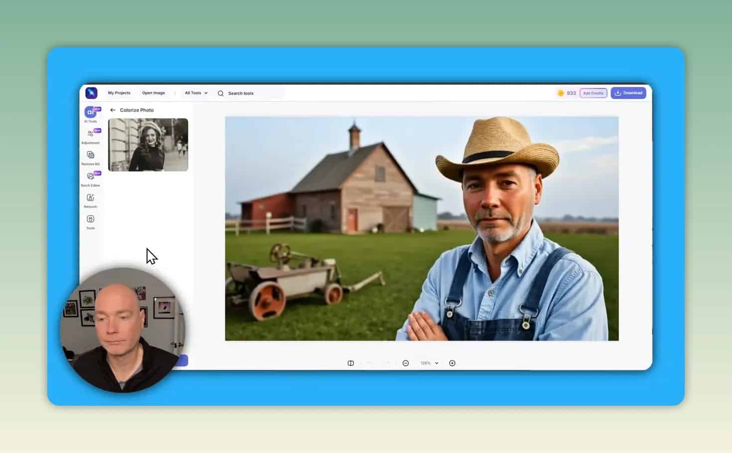 Colorized farm portrait with barn, field, and wagon in the editor