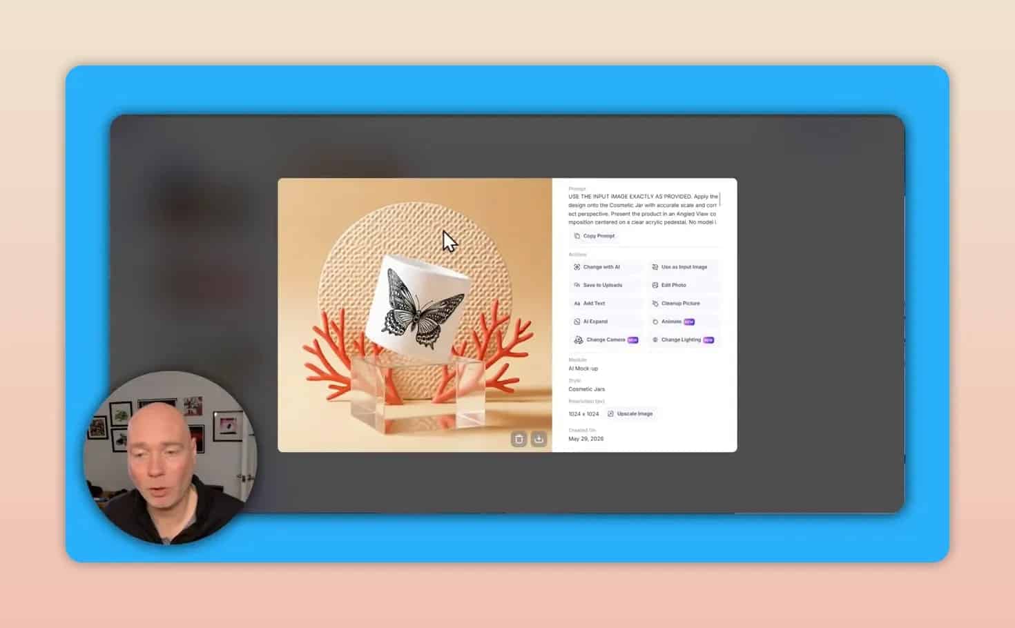 Product mockup scene featuring a butterfly design package with decorative background