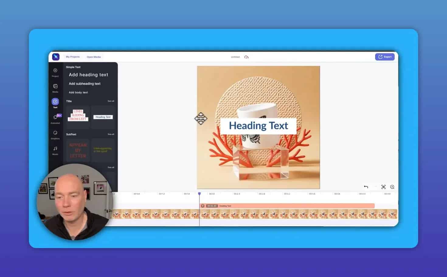 Video editor timeline with a product animation and heading text added