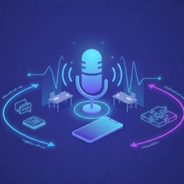 Illustration of an AI voice assistant handling inbound and outbound business calls, with call routing and connected tools shown through glowing waveform and hub visual elements.