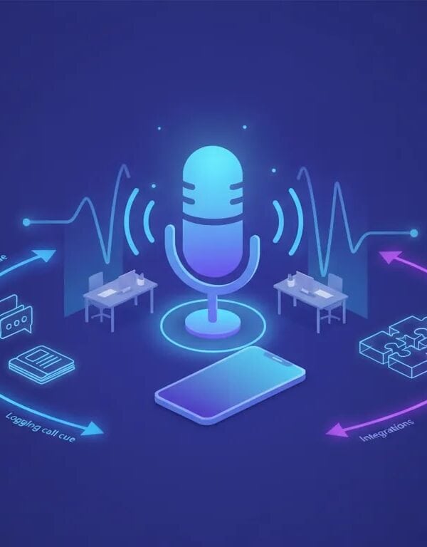 Illustration of an AI voice assistant handling inbound and outbound business calls, with call routing and connected tools shown through glowing waveform and hub visual elements.