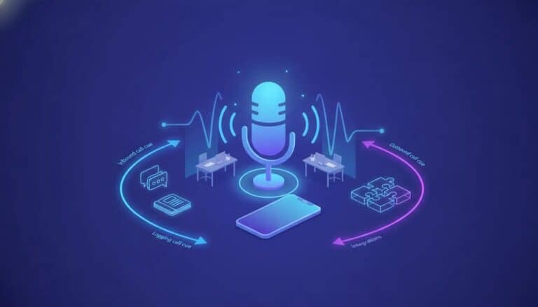 Illustration of an AI voice assistant handling inbound and outbound business calls, with call routing and connected tools shown through glowing waveform and hub visual elements.